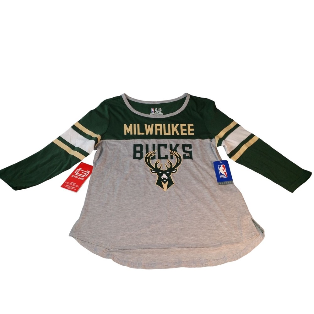 NBA Ultra Game Milwaukee Bucks 3/4 Sleeve Shirt Women Sz M NWT Raglan Fan Tee